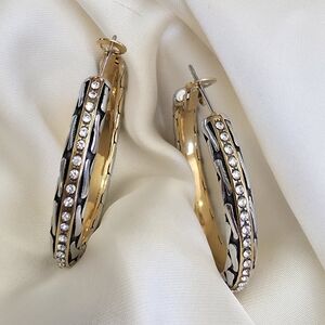 ION Plated YG and Stainless Steel Hoop Earrings w Set Of 3 Gemstone Charms